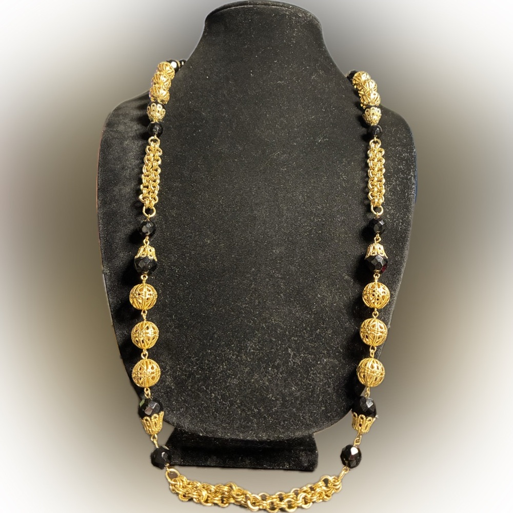 Rosa Flores Collection: Elegant 40-Inch Gold-Plated Black Beaded Necklace